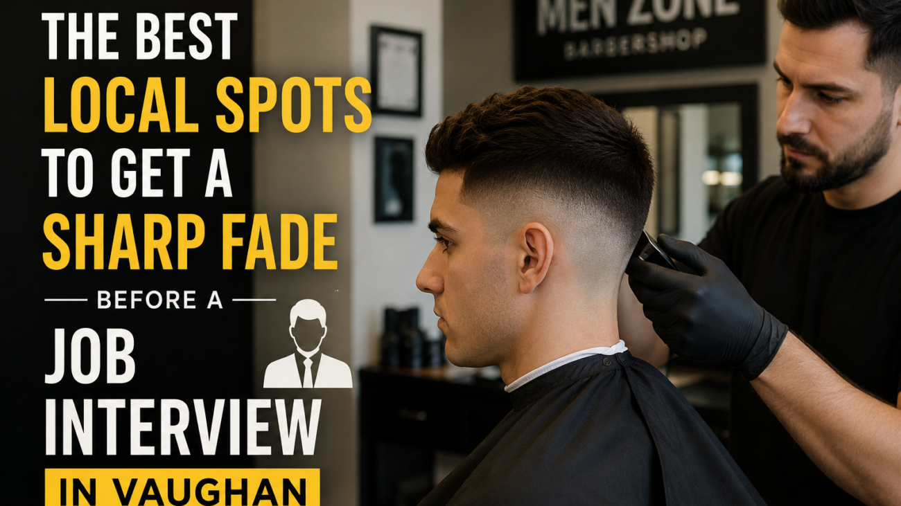 Barber giving a sharp fade haircut to a man preparing for a job interview in Vaughan at MEN ZONE Barbershop.