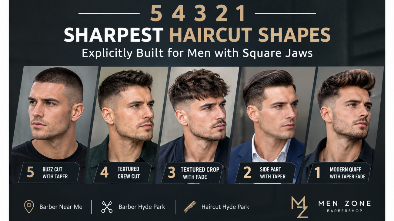 5 sharpest haircut shapes for men with square jaws including buzz cut, crew cut, crop, side part and quiff