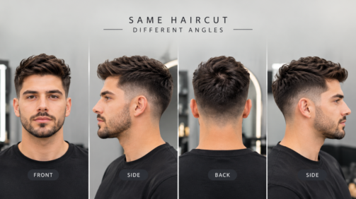 Modern men’s fade haircut shown from front, side, and back angles, illustrating how haircut shape and blending look from different perspectives.